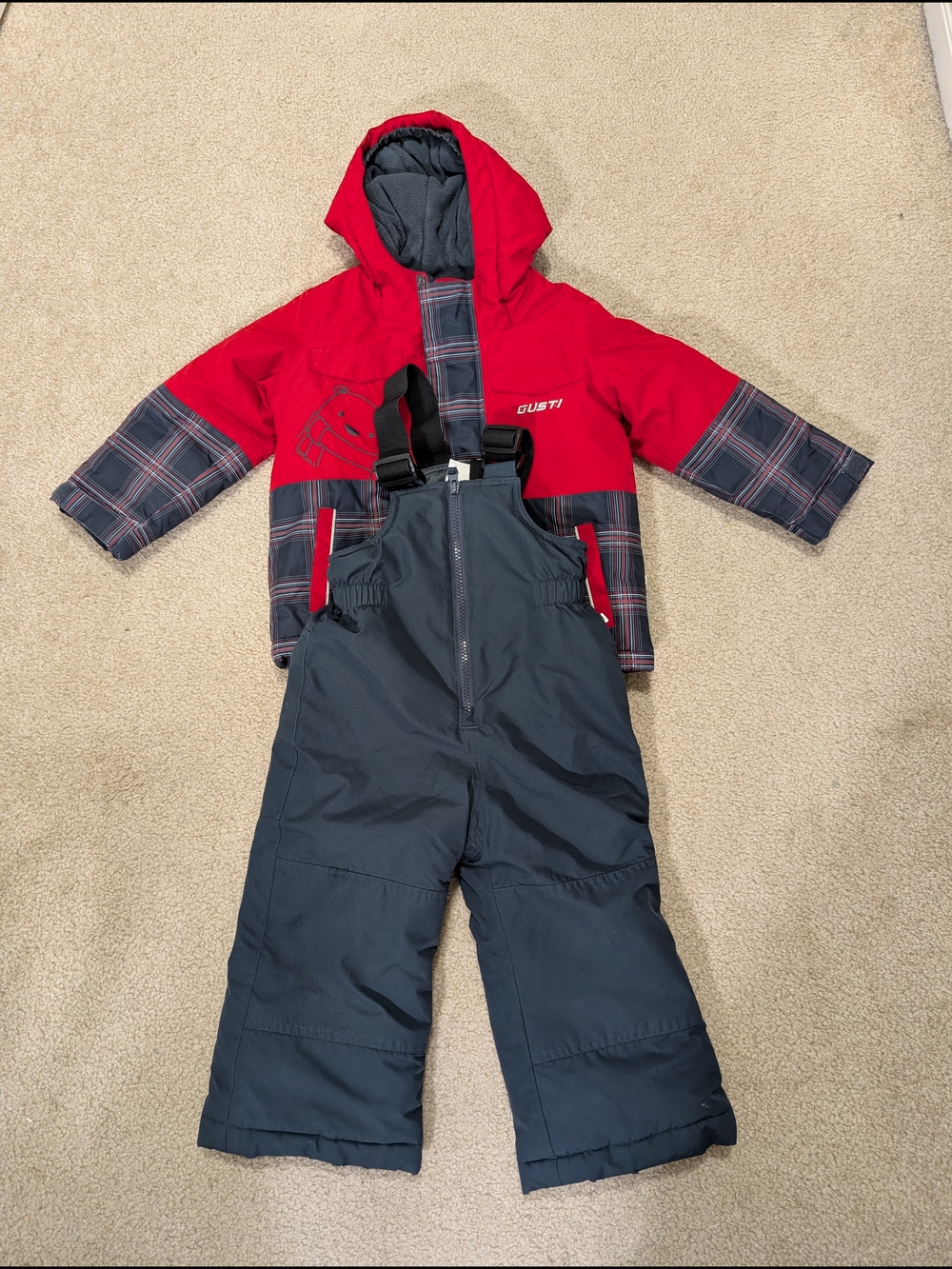 Gustin Kids' Navy and Red Plaid Ski Jacket with Bib Details